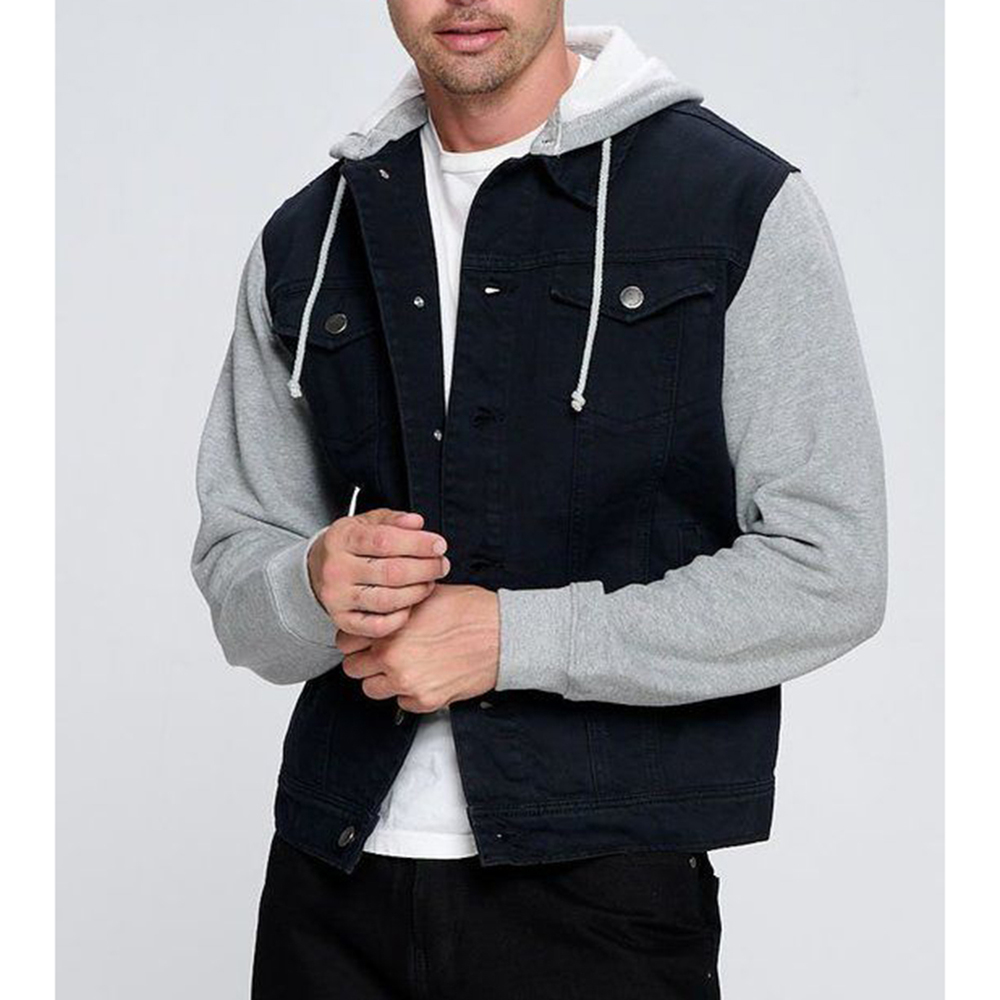Men's Jacket Hoodie Denim Cotton Long Sleeve Hybrid Hooded Trucker Jean Jacket B